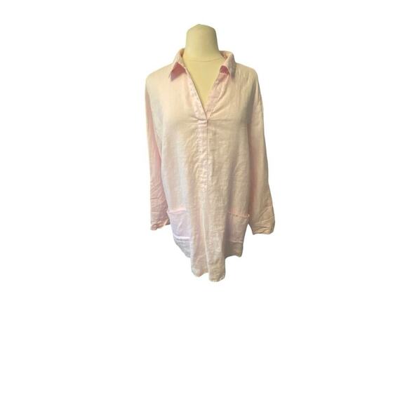 August Silk Women's Size XL 100 % Linen Tunic Top Pink Roll Tab Sleeve w/Pockets - Picture 1 of 14